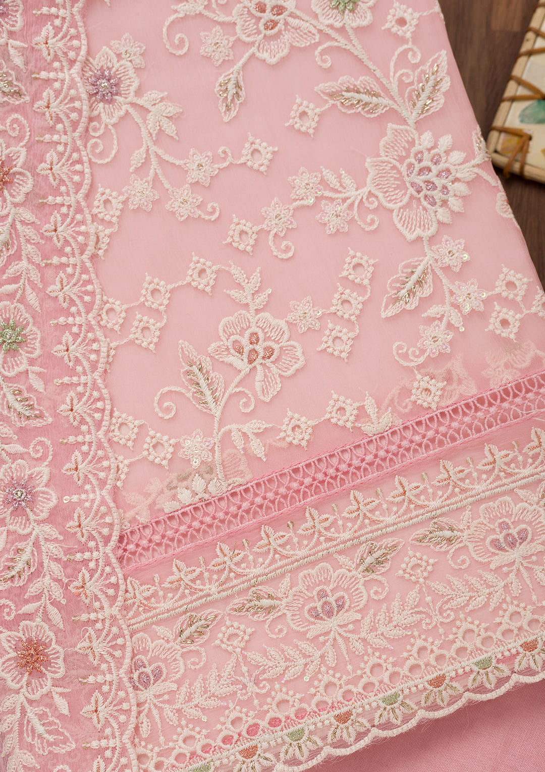 Baby Pink Threadwork Chiffon Unstitched Salwar Suit