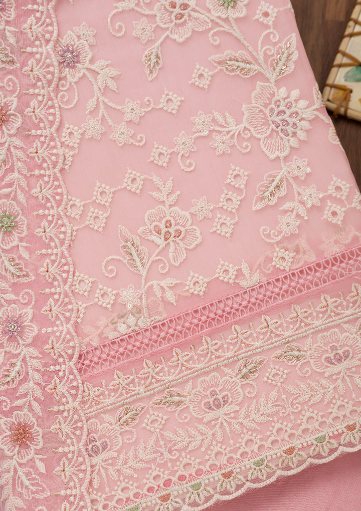 Baby Pink Threadwork Chiffon Unstitched Salwar Suit