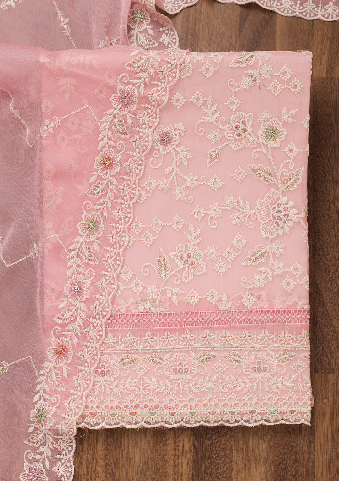 Baby Pink Threadwork Chiffon Unstitched Salwar Suit