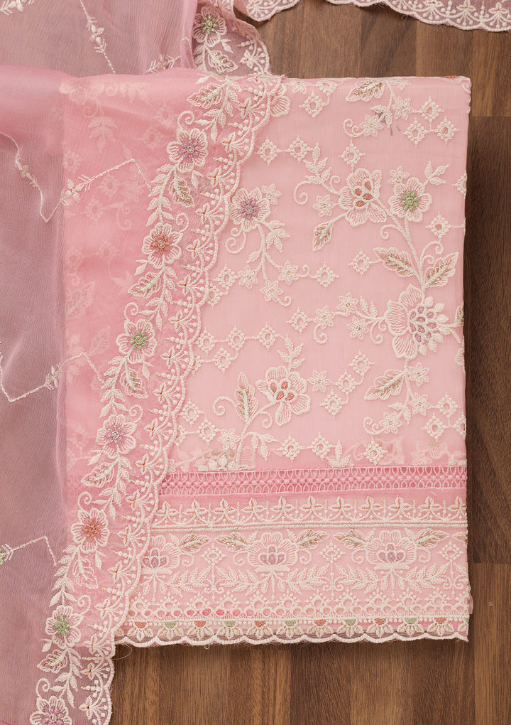 Baby Pink Threadwork Chiffon Unstitched Salwar Suit