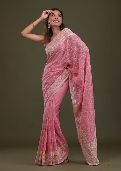 Baby Pink Threadwork Chiffon Saree-Koskii