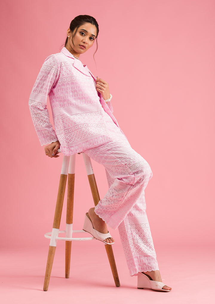 Baby Pink Threadwork Cotton Readymade Salwar Suit