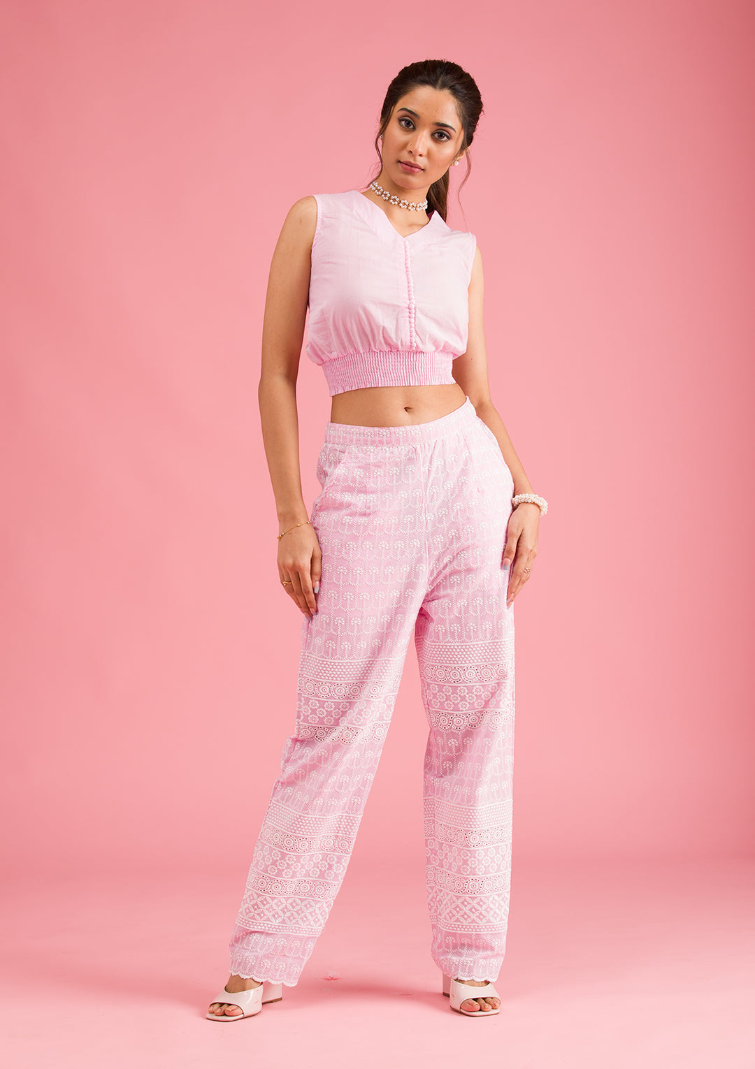 Baby Pink Threadwork Cotton Readymade Salwar Suit