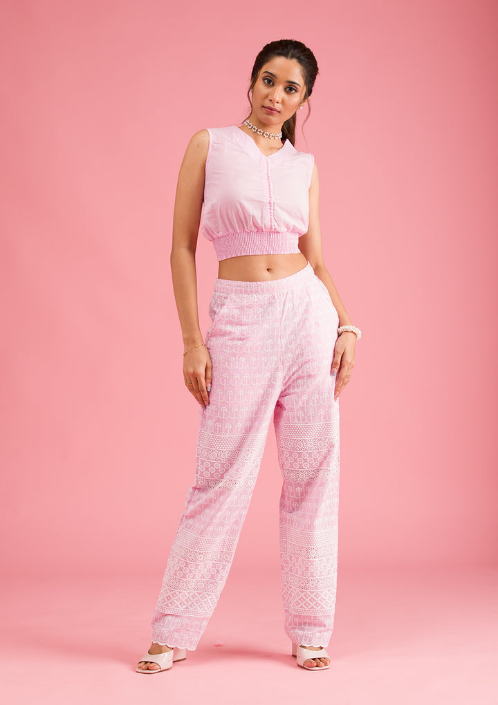 Baby Pink Threadwork Cotton Readymade Salwar Suit
