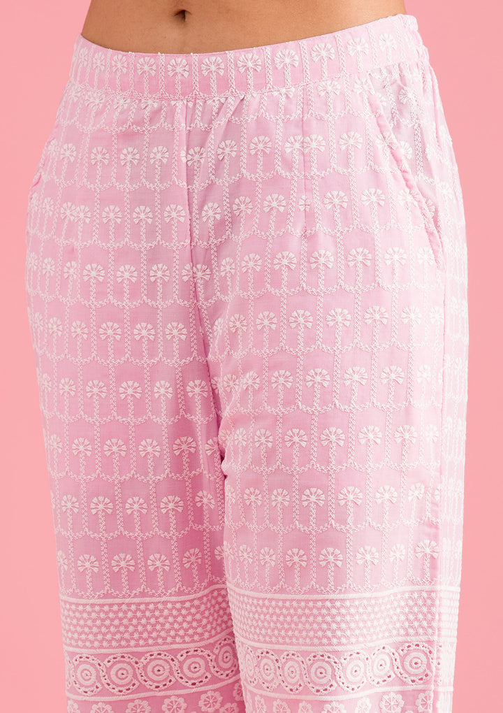 Baby Pink Threadwork Cotton Readymade Salwar Suit