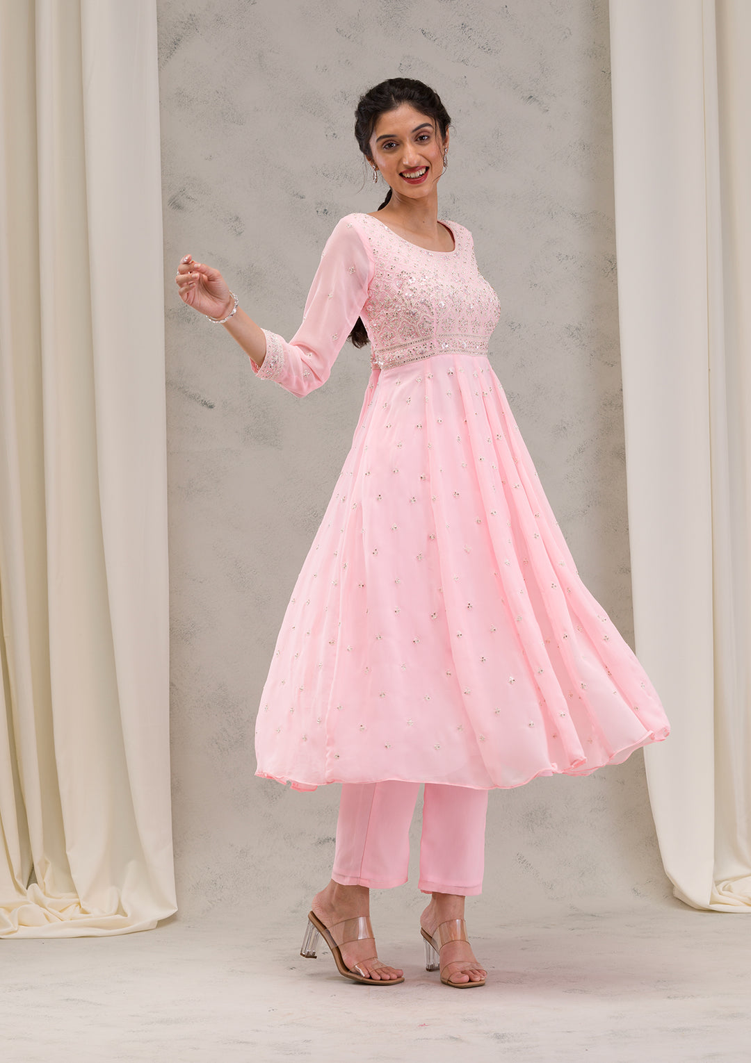 Baby Pink Threadwork Georgette Readymade Salwar Suit
