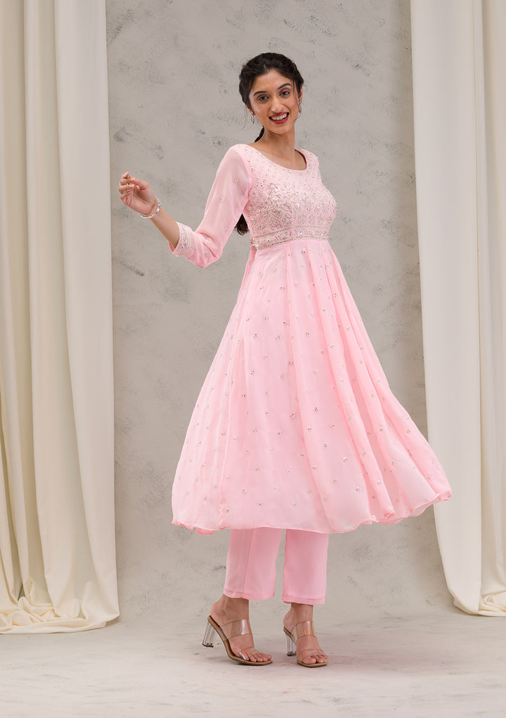 Baby Pink Threadwork Georgette Readymade Salwar Suit