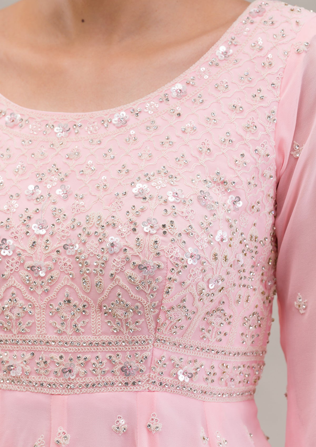 Baby Pink Threadwork Georgette Readymade Salwar Suit