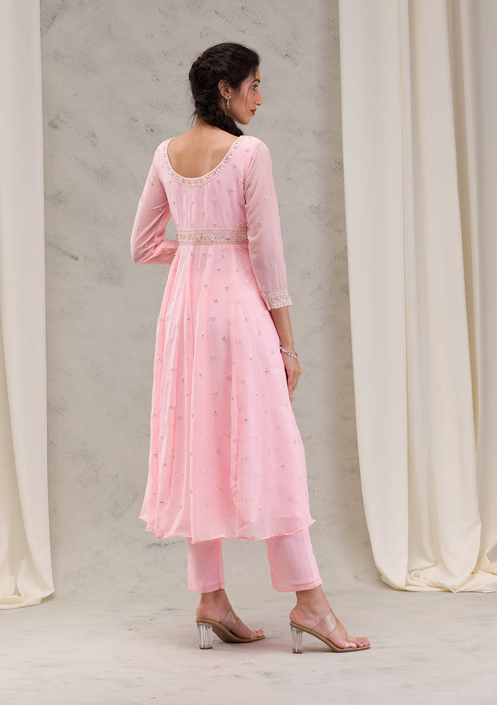 Baby Pink Threadwork Georgette Readymade Salwar Suit