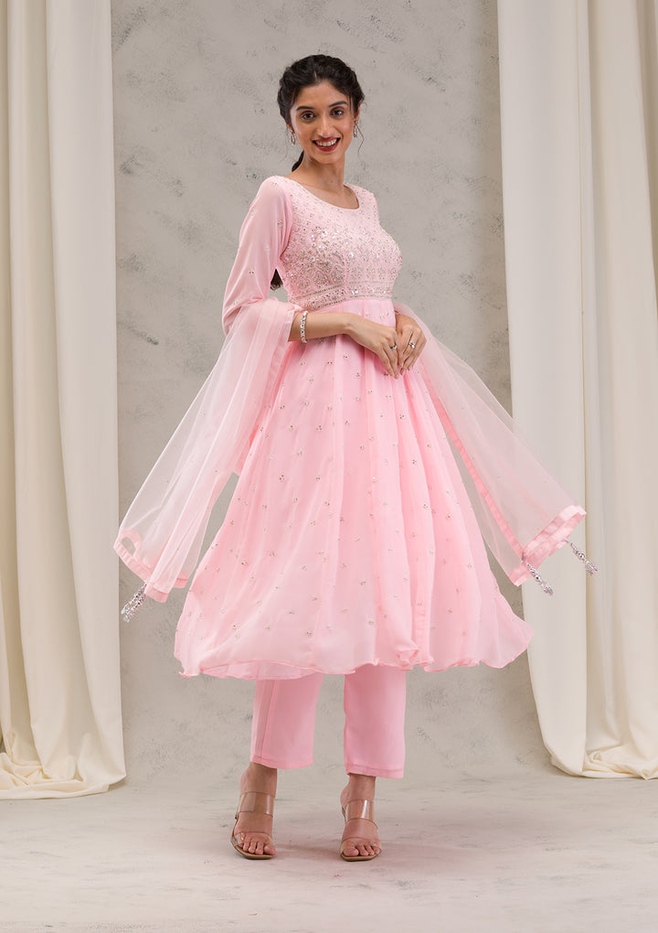Baby Pink Threadwork Georgette Readymade Salwar Suit