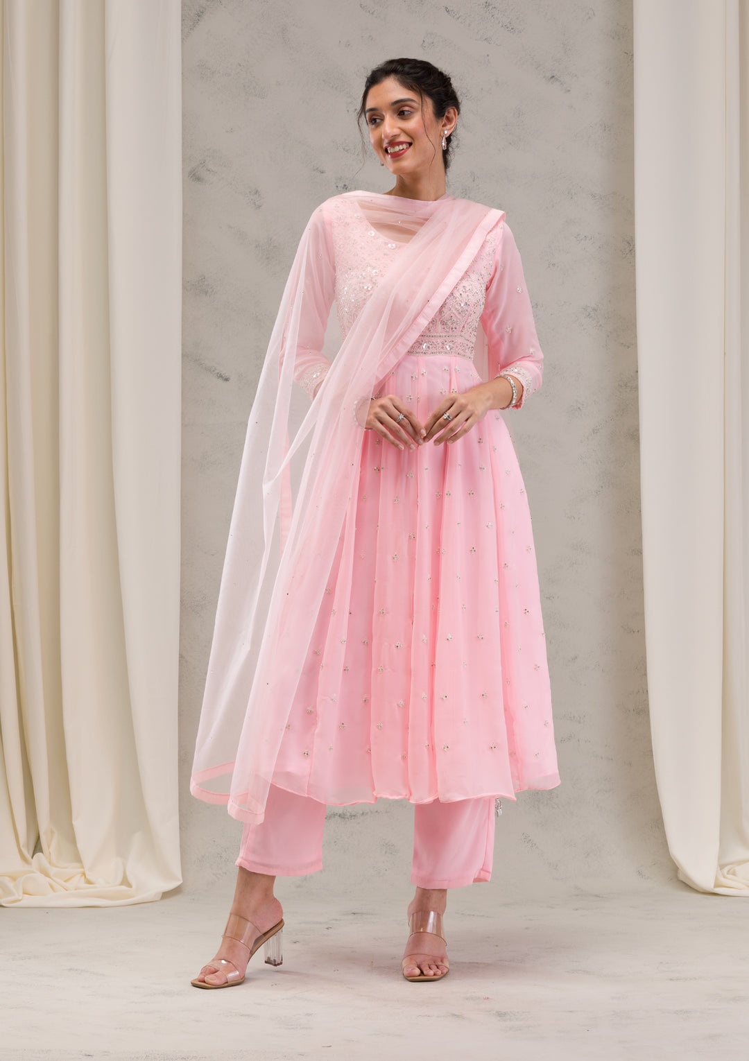 Baby Pink Threadwork Georgette Readymade Salwar Suit