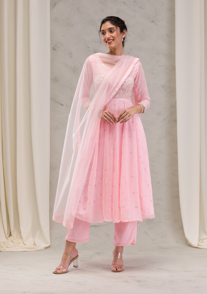 Baby Pink Threadwork Georgette Readymade Salwar Suit