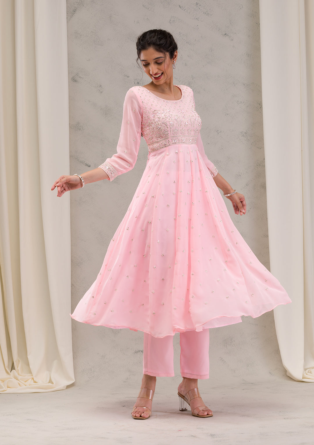 Baby Pink Threadwork Georgette Readymade Salwar Suit