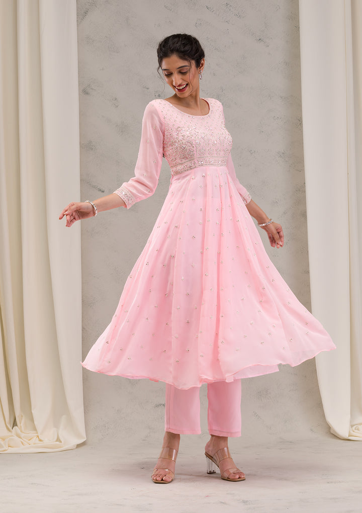 Baby Pink Threadwork Georgette Readymade Salwar Suit