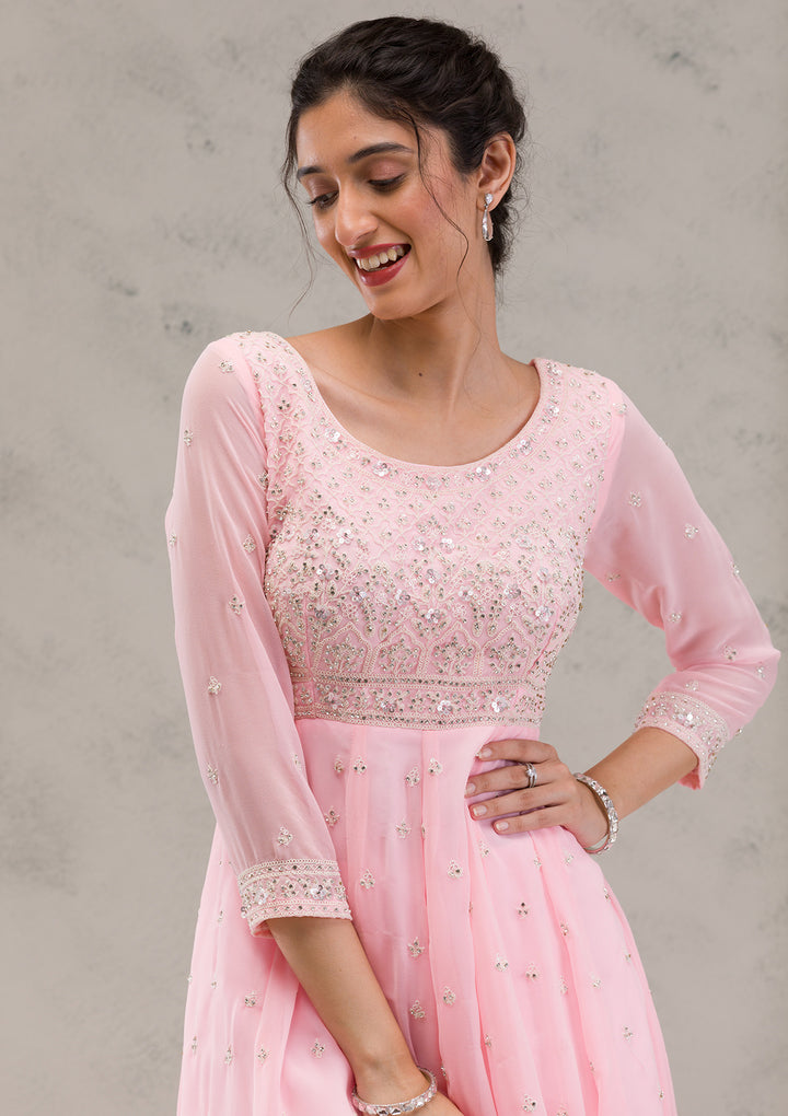Baby Pink Threadwork Georgette Readymade Salwar Suit