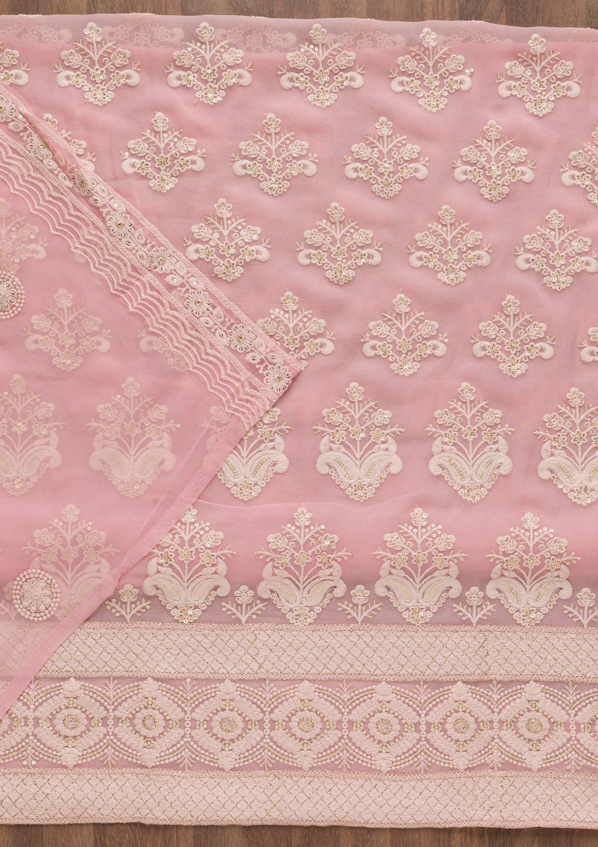 Baby Pink Threadwork Georgette Unstitched Salwar Suit