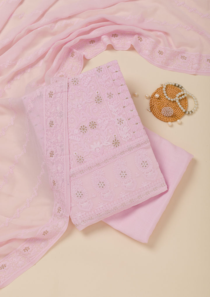Baby Pink Threadwork Georgette Unstitched Salwar Suit