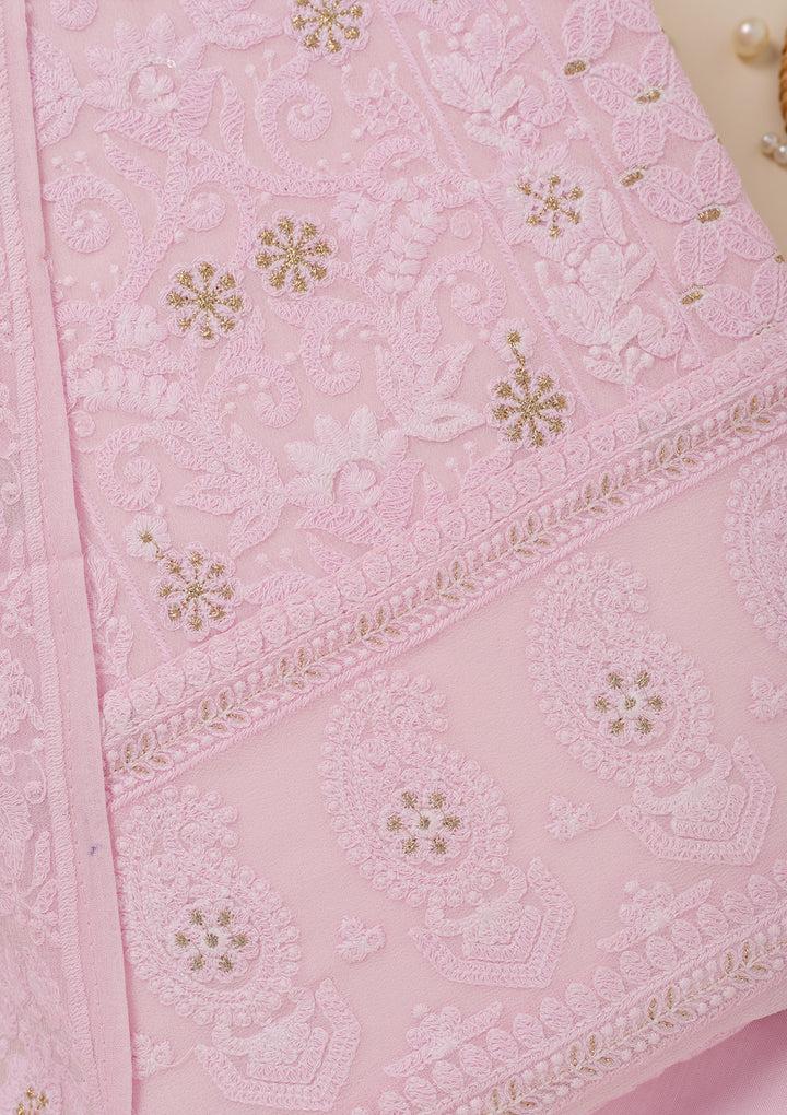 Baby Pink Threadwork Georgette Unstitched Salwar Suit