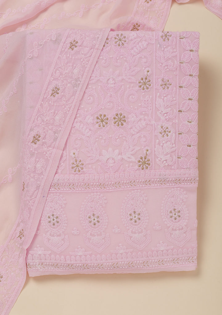 Baby Pink Threadwork Georgette Unstitched Salwar Suit