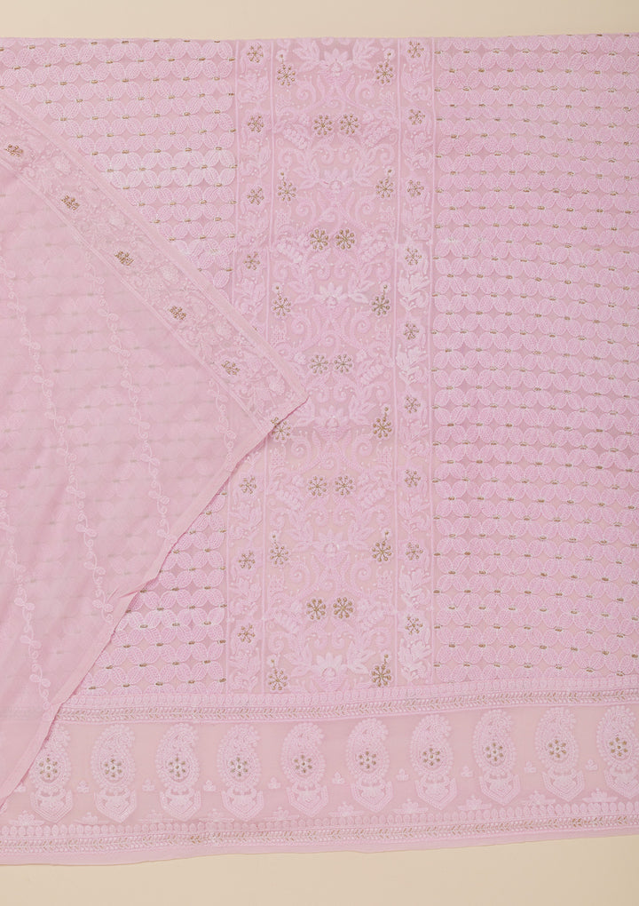 Baby Pink Threadwork Georgette Unstitched Salwar Suit