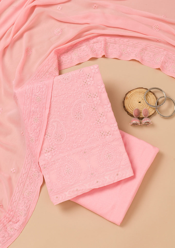 Baby Pink Threadwork Georgette Unstitched Salwar Suit