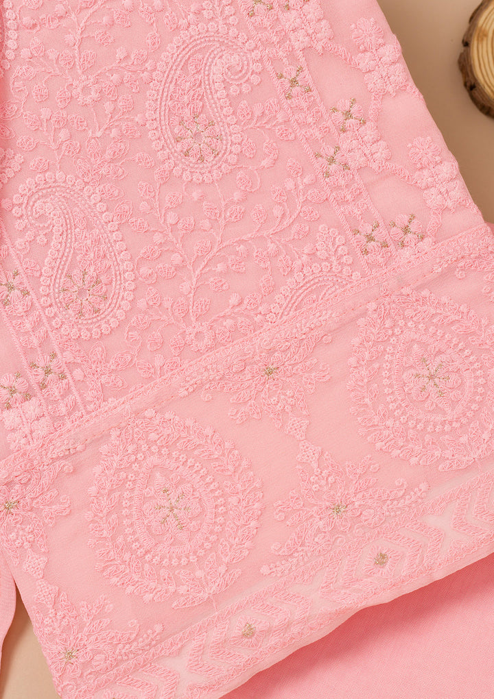 Baby Pink Threadwork Georgette Unstitched Salwar Suit
