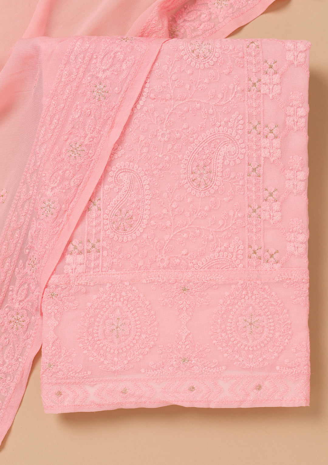 Baby Pink Threadwork Georgette Unstitched Salwar Suit
