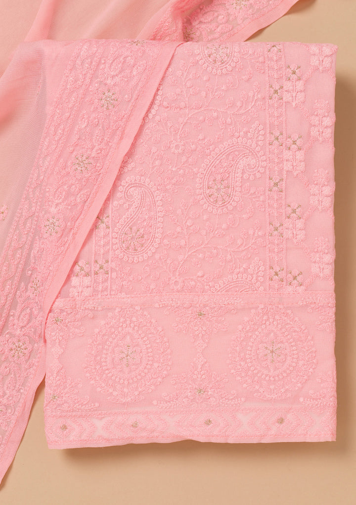 Baby Pink Threadwork Georgette Unstitched Salwar Suit