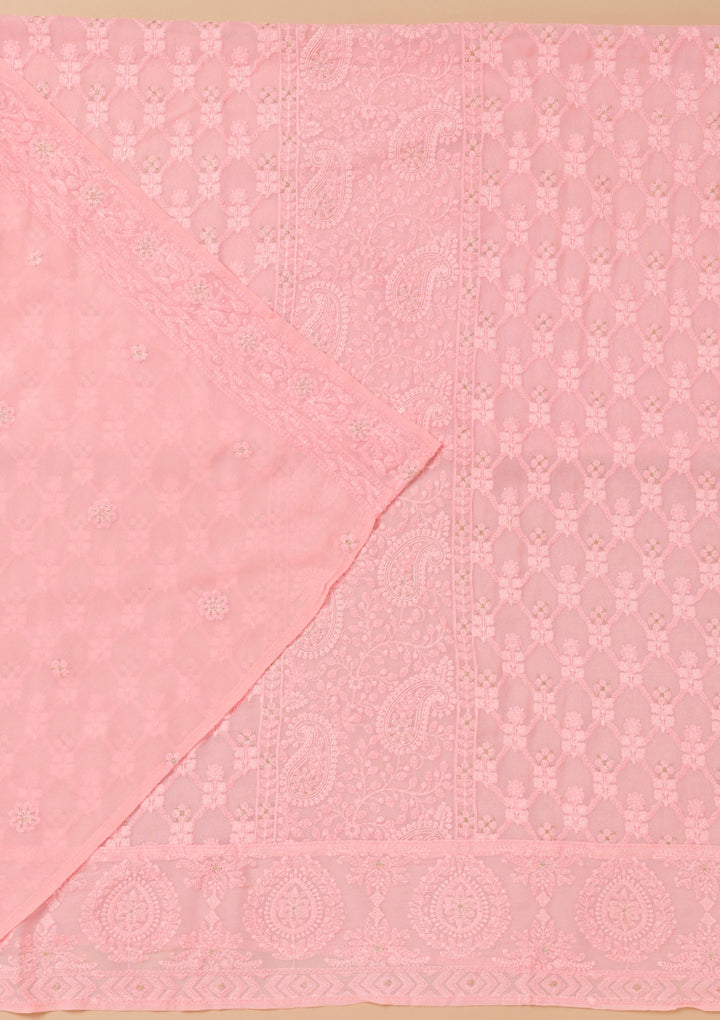 Baby Pink Threadwork Georgette Unstitched Salwar Suit