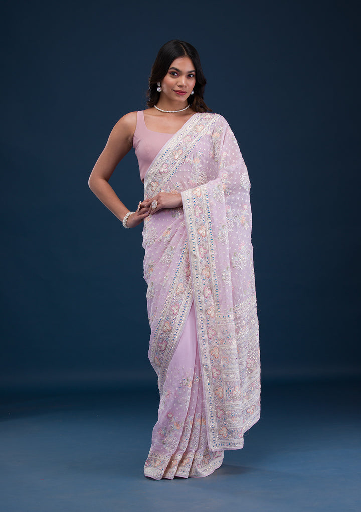 Baby Pink Threadwork Georgette Saree