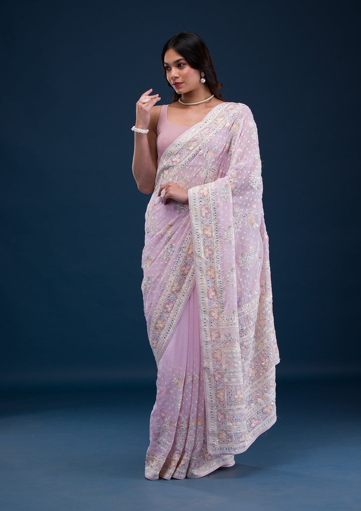 Baby Pink Threadwork Georgette Saree