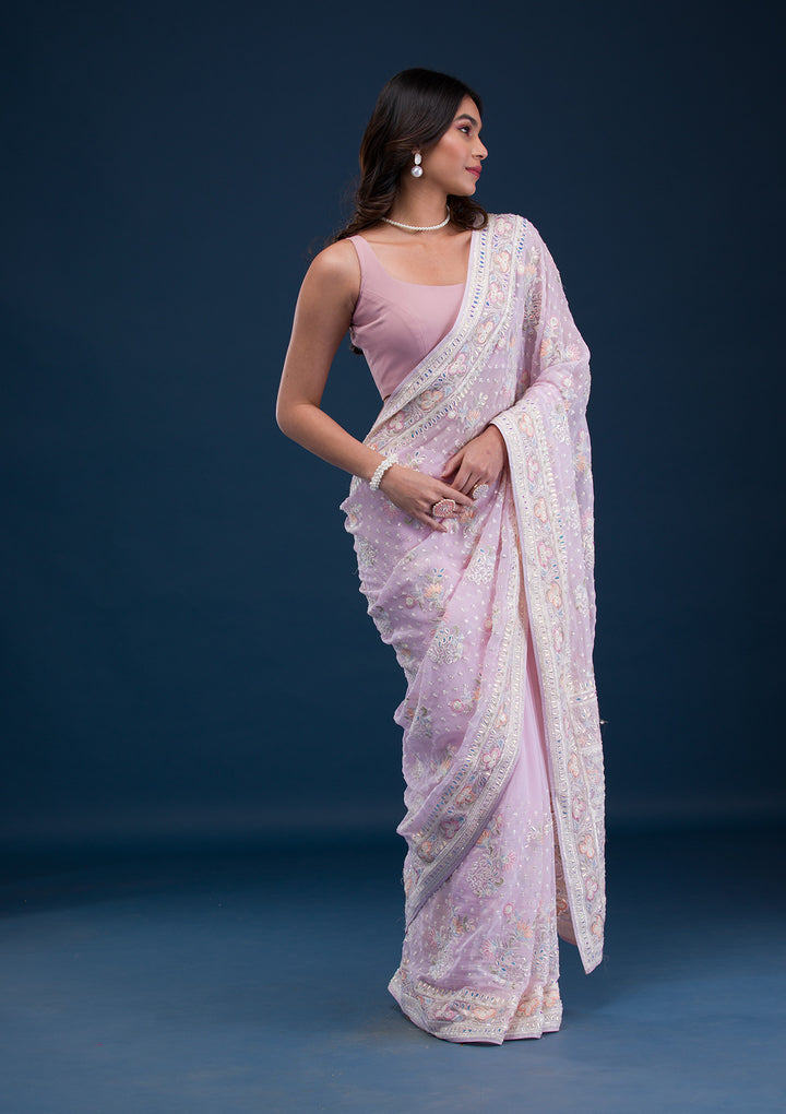 Baby Pink Threadwork Georgette Saree