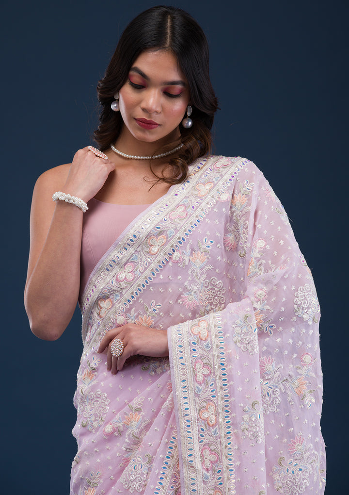 Baby Pink Threadwork Georgette Saree
