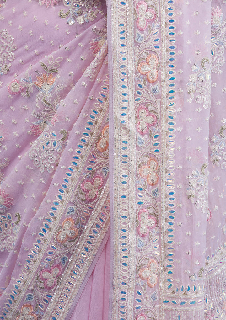 Baby Pink Threadwork Georgette Saree