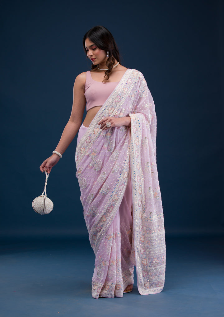 Baby Pink Threadwork Georgette Saree