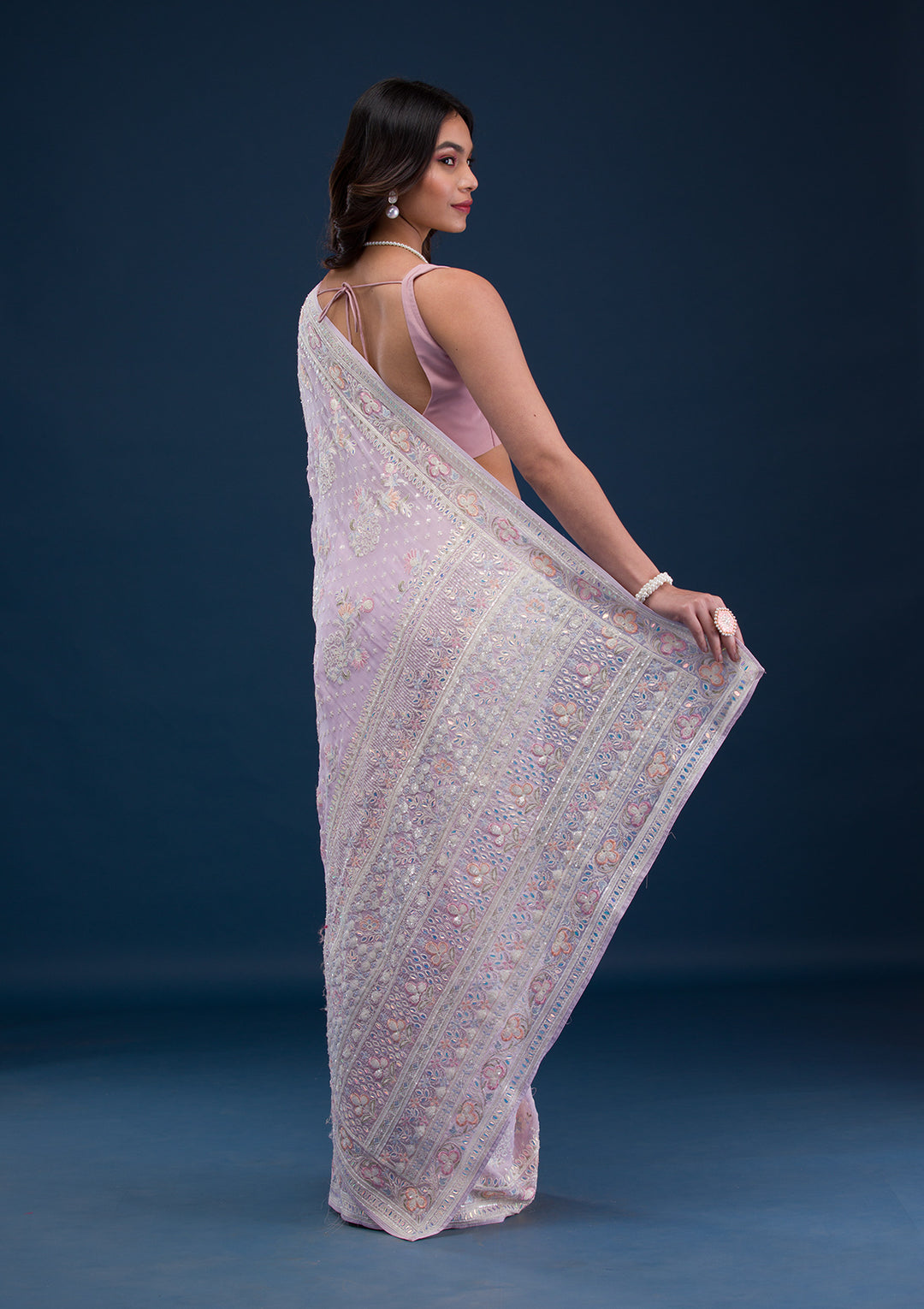 Baby Pink Threadwork Georgette Saree