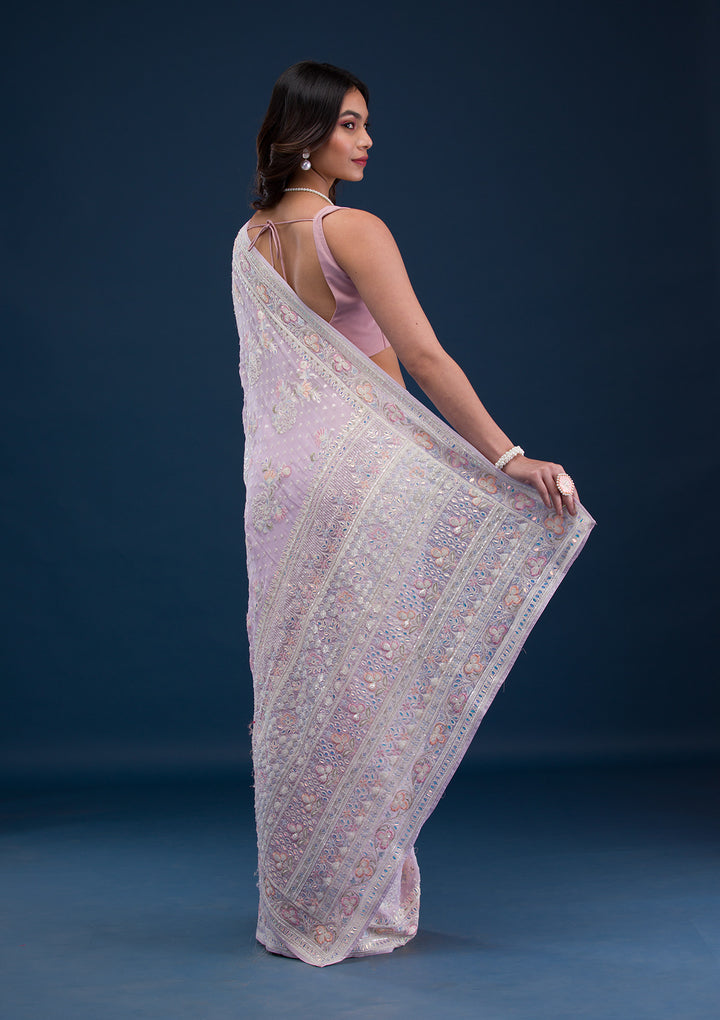 Baby Pink Threadwork Georgette Saree