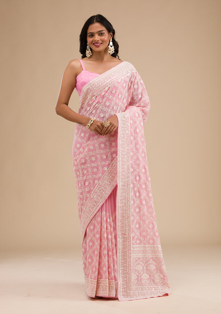 Baby Pink Threadwork Georgette Saree