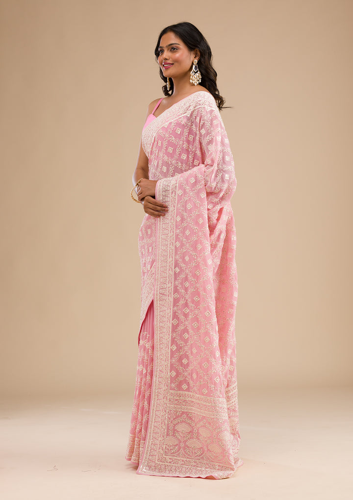 Baby Pink Threadwork Georgette Saree