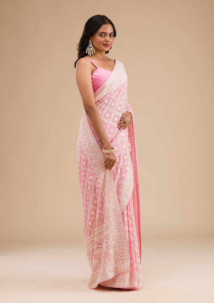 Baby Pink Threadwork Georgette Saree