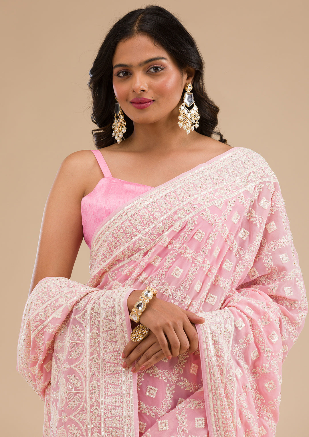 Baby Pink Threadwork Georgette Saree