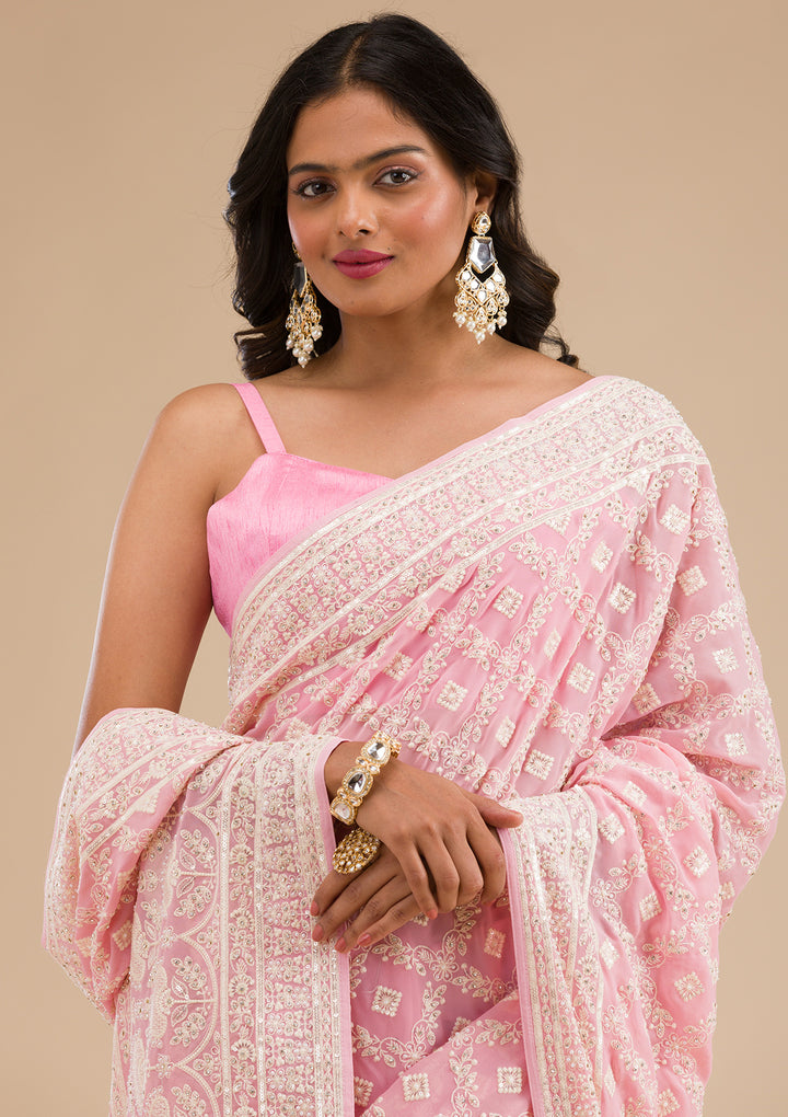 Baby Pink Threadwork Georgette Saree