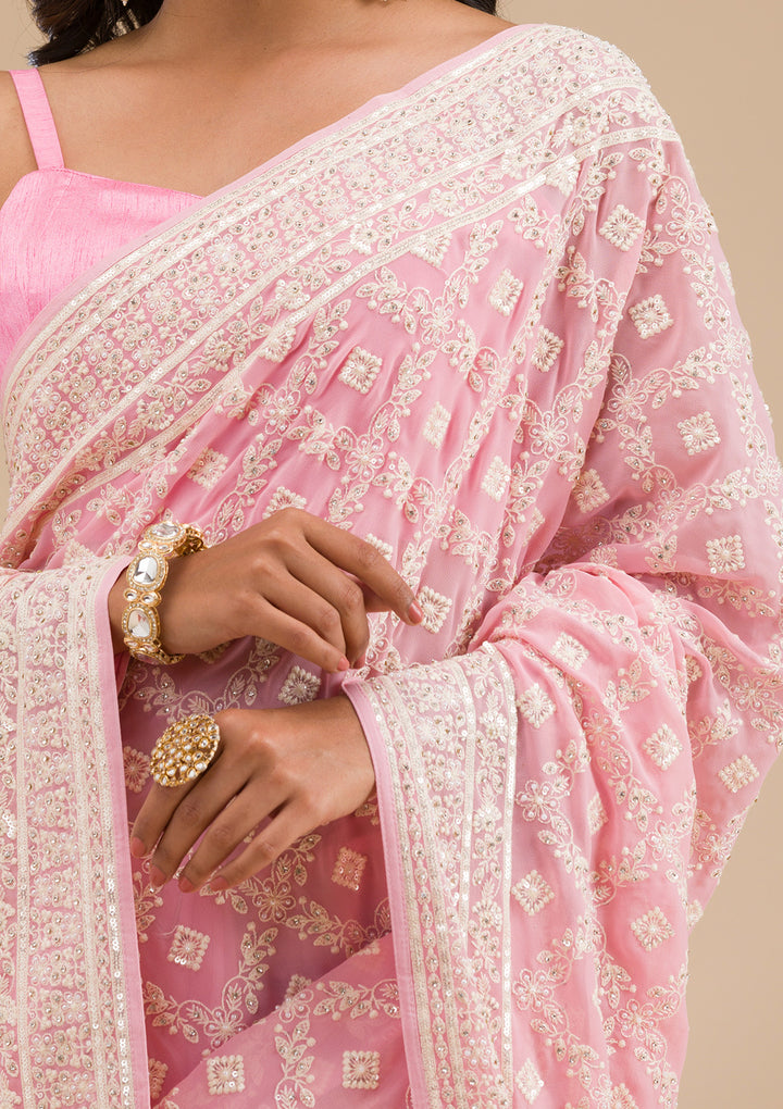 Baby Pink Threadwork Georgette Saree