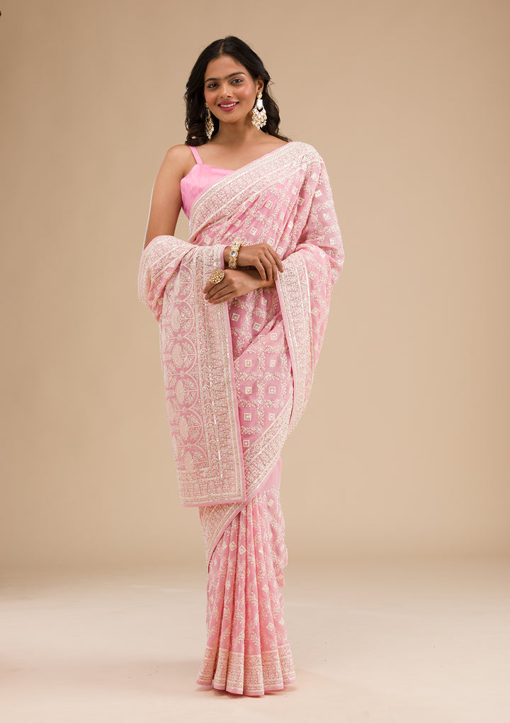 Baby Pink Threadwork Georgette Saree