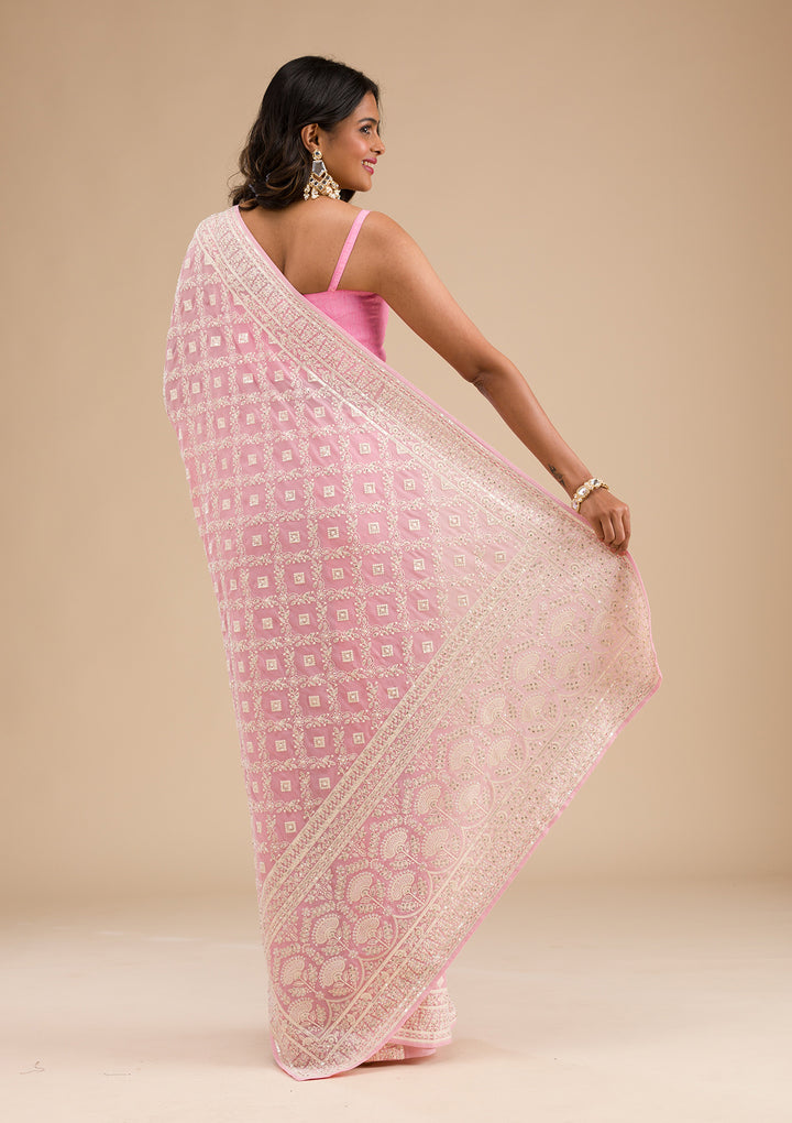 Baby Pink Threadwork Georgette Saree