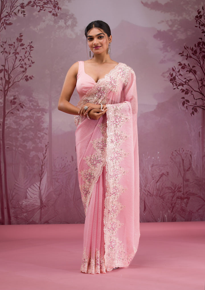 Baby Pink Threadwork Georgette Saree
