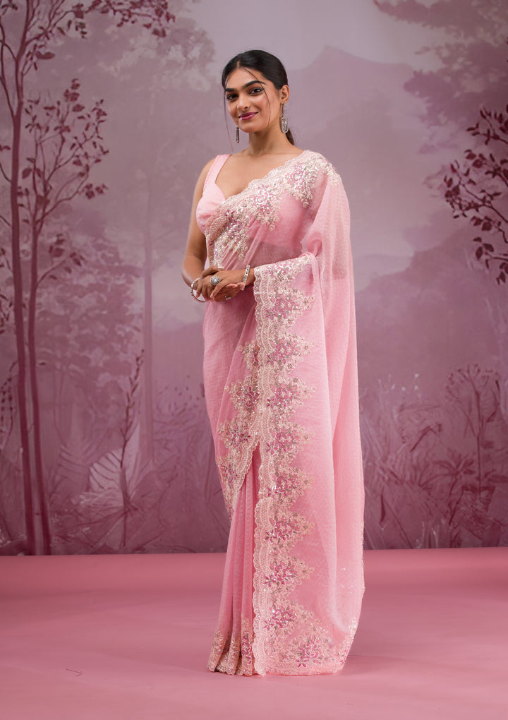 Baby Pink Threadwork Georgette Saree
