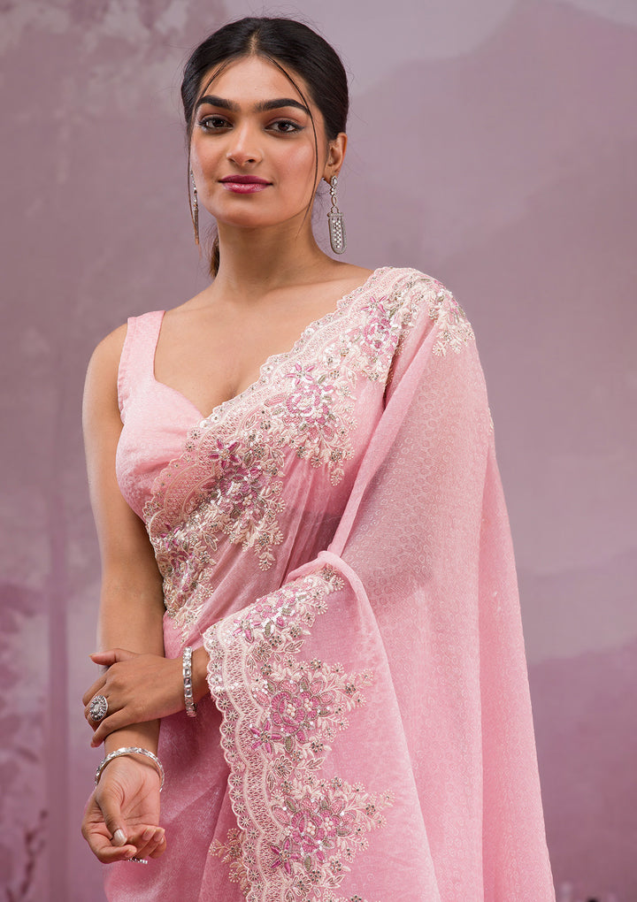 Baby Pink Threadwork Georgette Saree