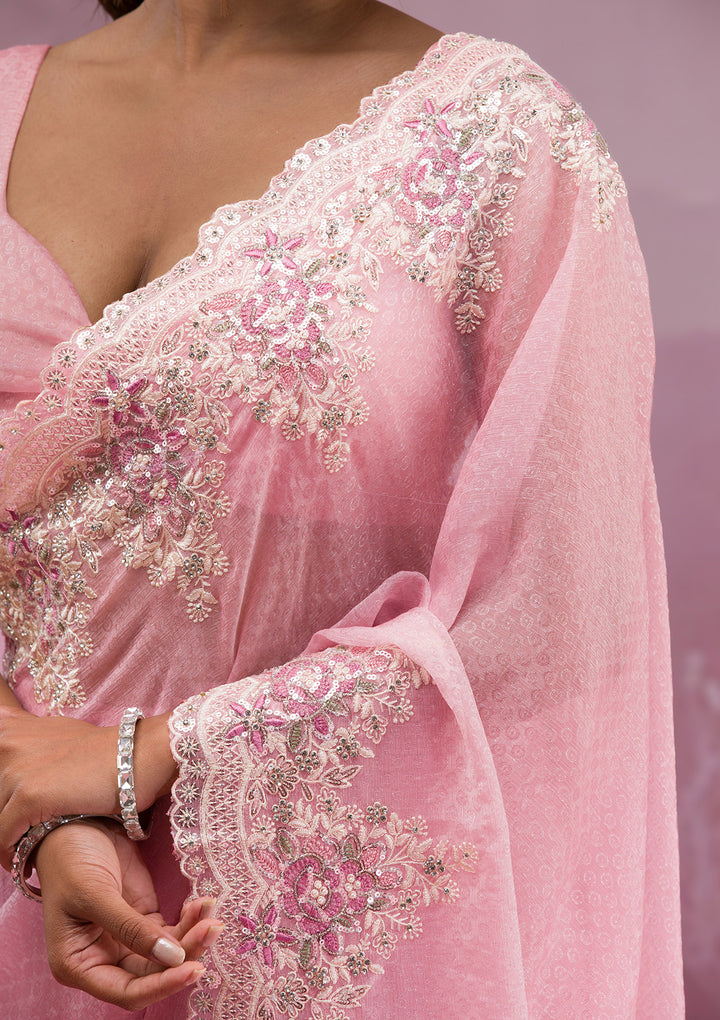 Baby Pink Threadwork Georgette Saree