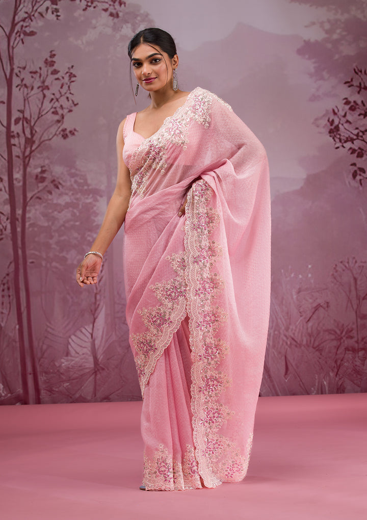 Baby Pink Threadwork Georgette Saree